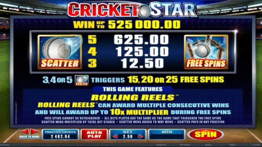 Cricket Star slot screenshot 2